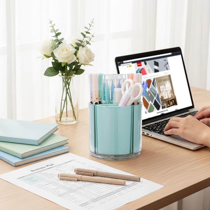 Comix 360° Rotating Pen Holder for Desk, Green Pencil Holder with 5 Slots | Expandable Capacity, Acrylic Pen Organizer Easy to Clean, Cute Pencil Cup for Home School Office Art Supplies
