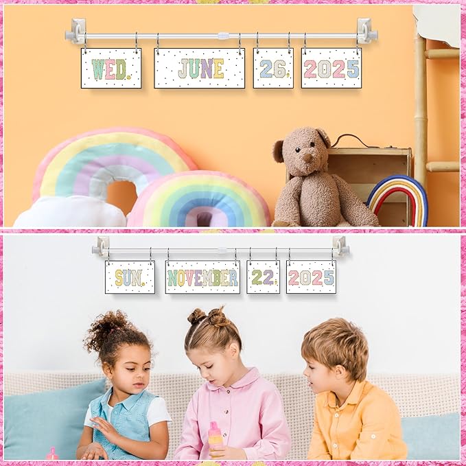 TecUnite Chenille Calendar Bulletin Board Set Classroom Bulletin Board Decor 54 Date Cards Colorful Embroidery Flip Calendar with Adjustable Holder for Back to School Supplies