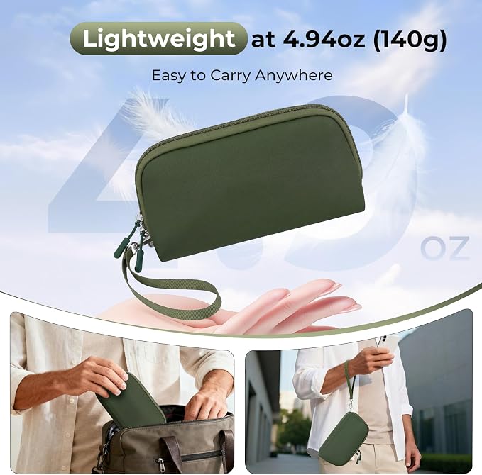 FYY Travel Cable Organizer - 8 Compartments Lightweight Water Resistant Tech Pouch with Wrist Strap, Portable Electronic Accessories Case for Cord Charger Storage for Travel Home Office Green (Large)