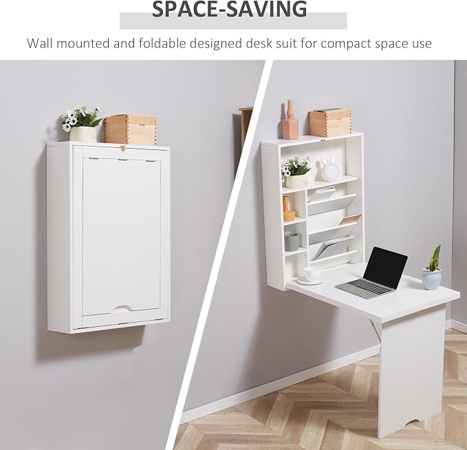 HOMCOM Wall Mounted Fold Out Convertible Desk, Multi-Function Floating Desk with Storage Shelf for Home Office, White
