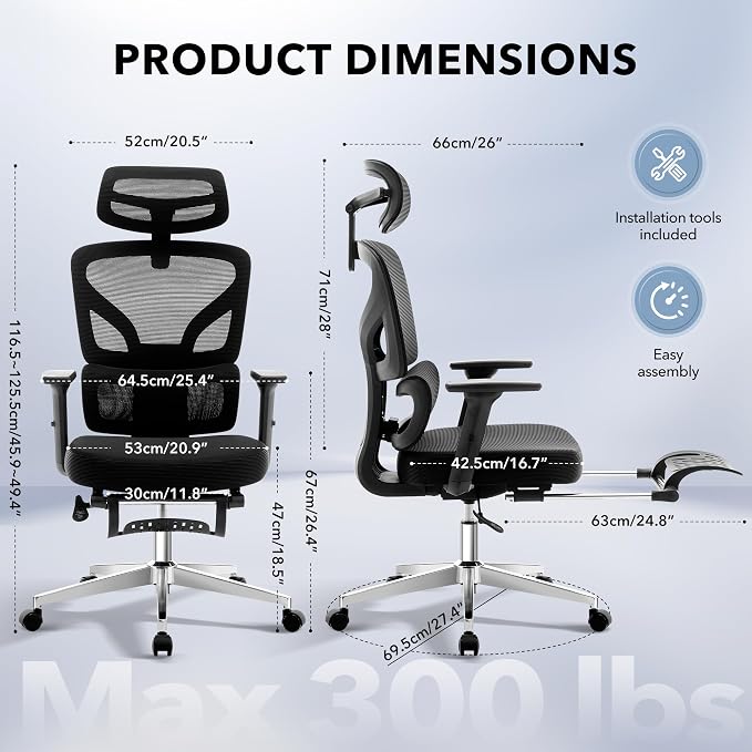 Office Chair Ergonomic Desk Chair - Home Mesh Chair with Adjustable Footrest Lumbar Support, High-Back Computer Gaming Chair with Headrest 3D Armrests, Rolling Swivel Task Chairs for Home, Office