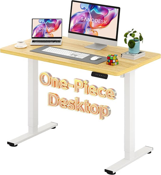 SANODESK Electric Standing Desk 48 x 24 Inches Whole-Piece Desktop Height Adjustable Stand Up Desk w/6-Button Controller Ergonomic Computer Desk for Home Office, White Frame + Natural Tabletop