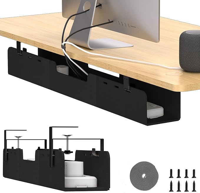 No-Drill Under Standing Desk Cable Management,31.5" L,Black | Upgraded 0.25" Heavy-Duty Felt Cable Organizer,Desk Wire Management Tray with Clamp or Screw Mount, for Home Or Office