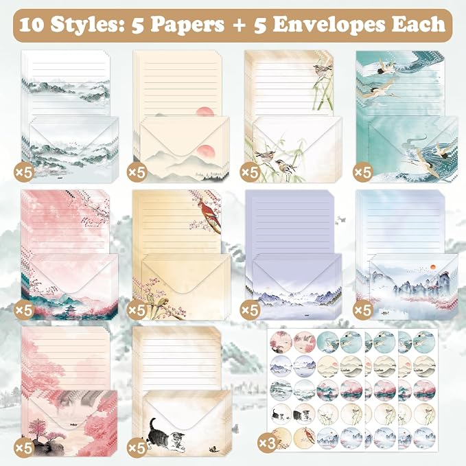 FUNCLASS 160 Pcs Stationery Set Letter and Envelopes – 50 Lined Stationery Paper and 50 Matching Envelopes, 5.5 x 8.25 Inches Letter Writing Stationery for Home, Office, School (Ink wash)
