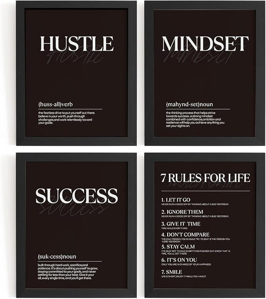 DSHFG Black Motivational Office Pictures Wall Decor Prints Set of 4, Black Motivational Wall Art Decor Tredny Posters Prints for Office Home Room Decor, 8x10 Unframed