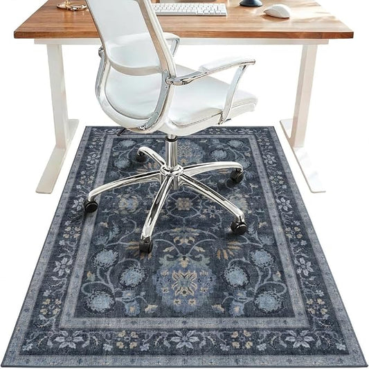 36"x48" Office Chair Mat for Hardwood Tile Floor, Under Desk Carpet Protector for Rolling Computer Chair Mat, Machine Washable Area Rug, Anti-Slip 1/5" Thick Low Pile Thin Vinyl Floor Mat, Grey Blue