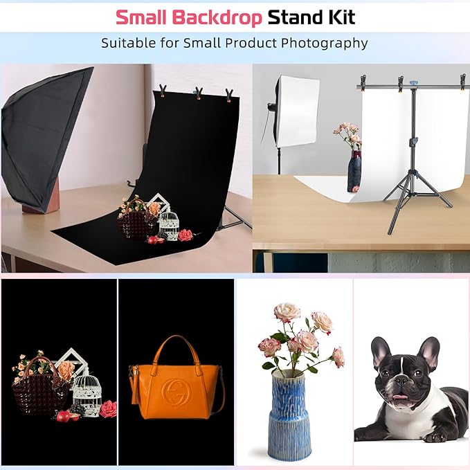 Product Photography Photo Backdrops Stand Kit, Photo Background, 26.8x50in White Black Backdrop Background with 26x29in Small T-Shape Backdrop Stand Tabletop Photo Shoot for Jewelry Cosmetics