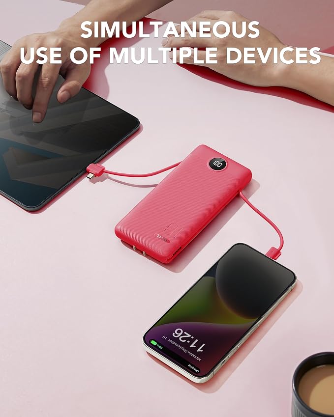 Portable Charger Built-in Cables and AC Wall Plug, VRURC USB C Power Bank 10000mAh, Travel Battery Portable Phone Charger Compact Lightweight External Battery Pack for SmartPhones,Tablets-Viva Magenta