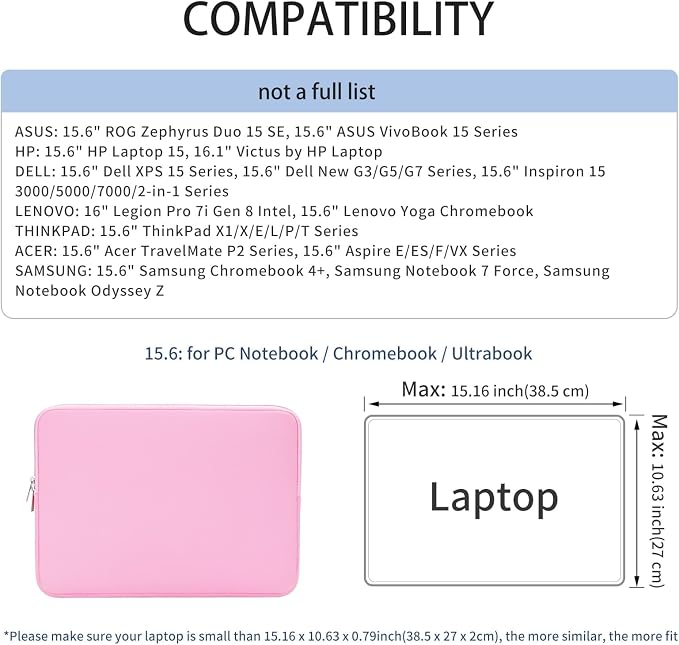 RAINYEAR 15.6 Inch Laptop Sleeve Protective Case Soft Carrying Zipper Bag Cover Compatible with 15.6" Notebook Computer Ultrabook Chromebook (Pink)