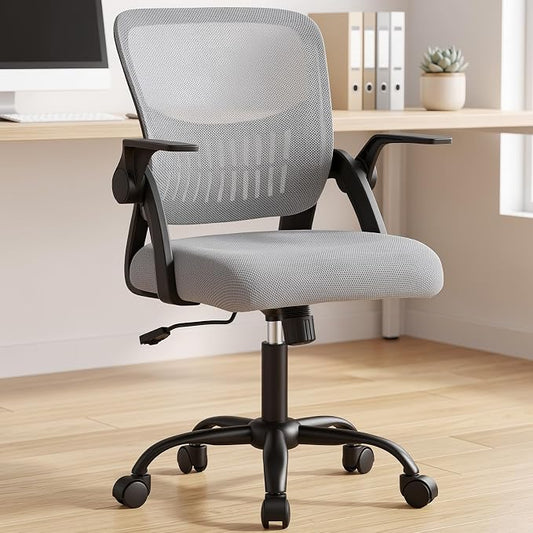 OLIXIS Ergonomic Office Desk Chair, Executive Mid-Back Computer Chair with Comfortable Lumbar Support & Rocking Mode, Height Adjustable with Flip-up Armrest, 360° Swivel, for Adults, Grey