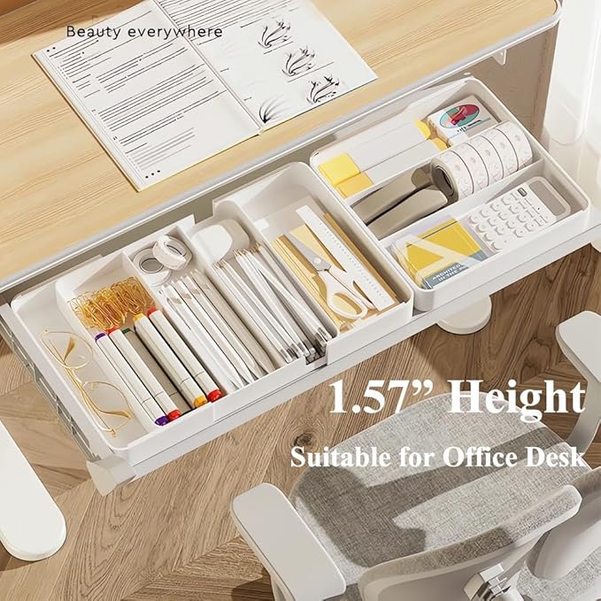 Shallow Desk Drawer Organizer, 1.57" Modular Expandable Tray | White Divider Bins For Office Stationery, Makeup & Kitchen Utensils, Fits 4cm Low-Profile IKEA Alex, BPA-Free PET.
