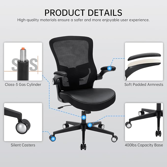 Office Chair-400lbs, Ergonomic Heavy Duty Office Desk Chair with Adjustable Lumbar Support Breathable Mesh Computer Chair with Flip-Up Armrests, Comfy Home Office Desk Chair for Heavy People