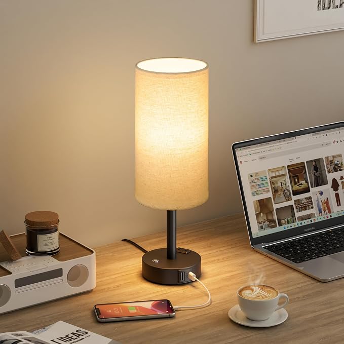 Touch Bedside Table Lamp with Memory - Stepless Dimmable Lamp for Bedroom, Small Nightstand Lamp with Dual USB Charging Ports and AC Outlet, Wood Night Light, Desk Lamp for Nursery (Beige & Black)