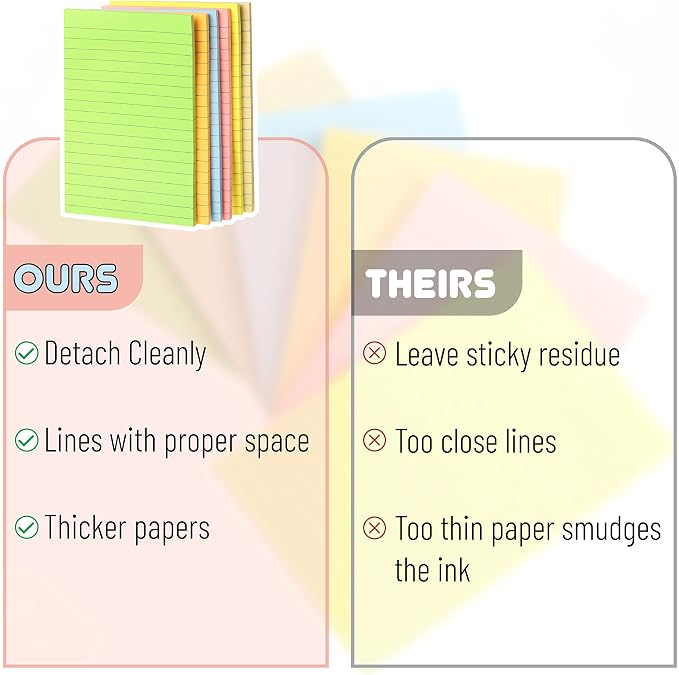 Mr. Pen- Lined Sticky Notes, 4" x 6", 6 Pads, 45 Sheets/Pad, Pastel Color | Sticky Notes with Lines, Ruled Post Stickies, Memo Pads, Self-Stick Note Pad for Office, School, Home, Study & Organization