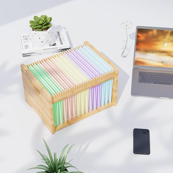 Bamboo Hanging File Organizer, Desktop File Box, Open Top, 1 Pack, Natural | Open-Top Access, 2 Hanging Folders Included, Letter & Legal Files, Sliding Rails, Reinforced Handles, Easy Assembly