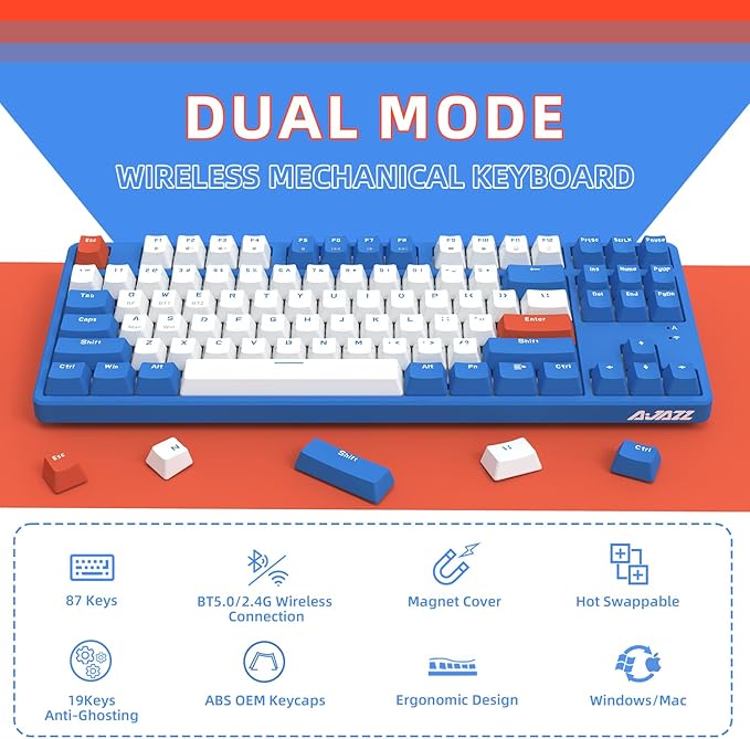 A.JAZZ Wireless Mechanical Keyboard, 87 Keys TKL Hot Swappable Bluetooth Gaming Keyboard, Dual Mode BT5.0/2.4G with Detachable Frame, USB Hub OEM Keycaps Custom Keyboard for PC MAC PS4(Red Switch)