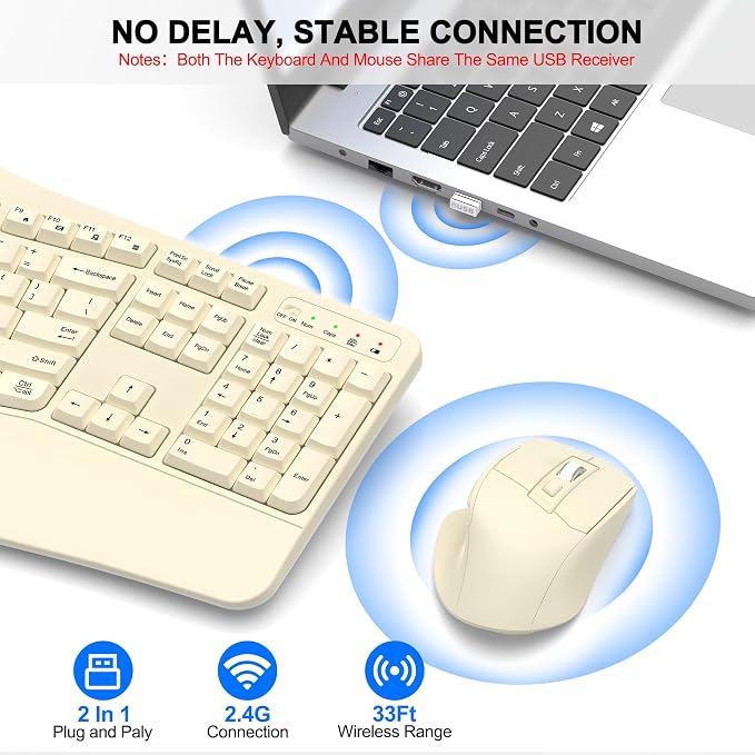 Wireless Keyboard and Mouse Combo, 2.4G Full Size Wave Keys Ergonomic Keyboard with Wrist Rest and 3-Level DPI Adjustable Wireless Ergonomic Mouse for Windows, Mac OS Desktop/Laptop/PC(Latte)