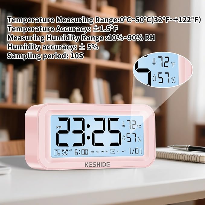 Night Light Digital Alarm Clock Battery Operated with Indoor Temperature Humidity, Desk Small Clock,Snooze Model,12/24H Display for Bedrooms Heavy Sleepers Kids Travel Bathroom (Pink)