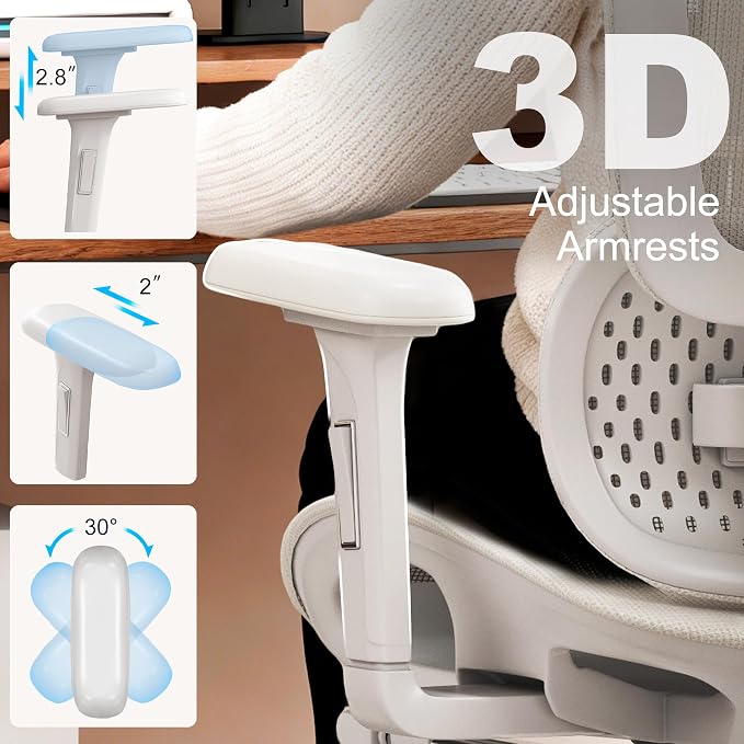 Vonesse Ergonomic Office Chair,Desk Chair with Adjustable 3D Headrest and Armrests, Gaming Chair with Dynamic Lumbar Support & Adjustable Depth Breathable Mesh Seat (White)