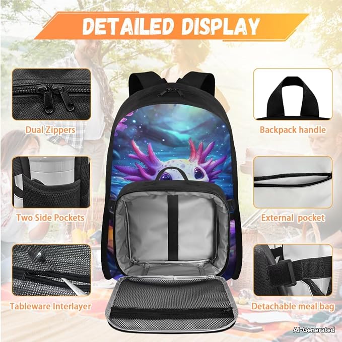 Doojoayie Axolotl Backpack for Girls Kawaii Bookbag with Lunch Box Fashion Backpack Kids School Bags Large Capacity Back Pack Great Back to School Supplies for Preschool Girls