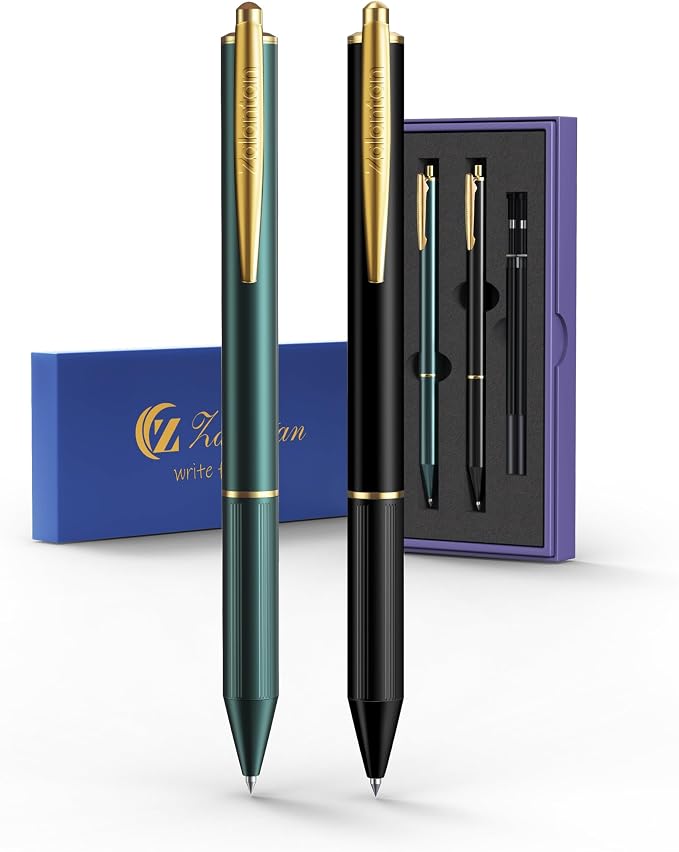 Elegant Retractable Click Gel Pen, Gel Fine Tip Luxury Metal Pen High Quality Fancy Pens, Writing Pens for Journaling Smooth Writing Archival Ink, Leak-Proof 2 Pens/Box + 2 Refills