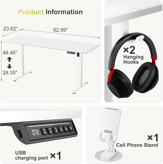Furmax Electric Standing Desk, 63 x 24 Inches Sit Stand up Desk, Sit Stand Height Adjustable Home Office Desk with 4 Height Position Memory (White, 63)