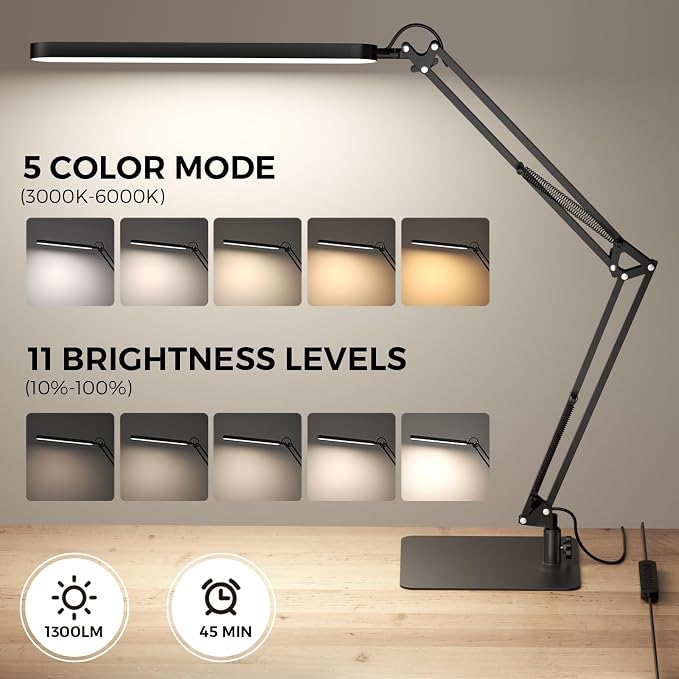SKYLEO LED Desk Lamp with Slim Base - Adjustable Swing Arm Desk Light, Dimmable, Timer, Eye Protection, Memory Function, 1300LM, 12W, Black