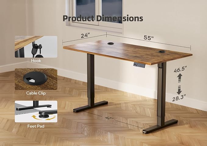 YDN Electric Standing Desk, 55 x 24 Inches Adjustable Height Stand up Desk with Cable Management, Home Office Desks with Splice Board & Frame, Rustic Brown Top