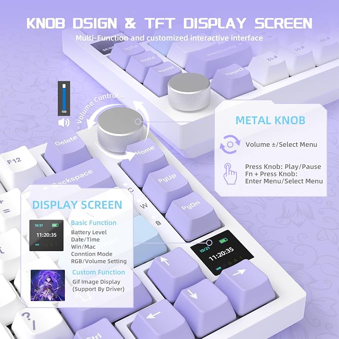 Attack Shark ajazz AK820 Pro Wireless Mechanical Gaming Keyboard TFT Display &Knob Hot Swappable Bluetooth 5.1/2.4G hz/Type-C Gasket-Mounted RGB Backlit Custom Keyboard for PC/Win(Purple/Gift Switch)