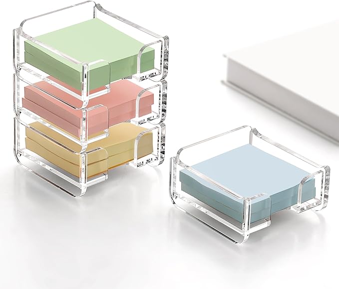 SANRUI Acrylic Sticky Note Holder for 3x3 Inch Notes – Clear Stackable Sticky Note Dispenser, Desk Organizer for Memo Pads, Fits Home, Office and School Supplies