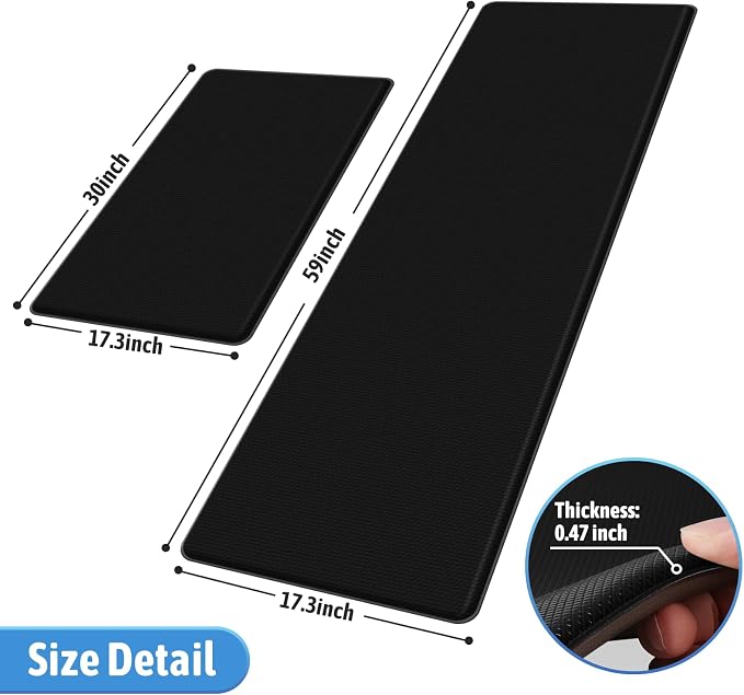 StepLively Kitchen Mat, 2 PCS Kitchen Rugs, Cushioned Kitchen Mats for Floor, Anti Fatigue Kitchen Rug Set, Non-Skid Standing Mat for Kitchen, Office, Sink, 17.3"×30"+17.3"×59", Black