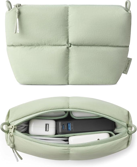 Comfyable Puffy Electronics Organizer Travel Case, Cute Tech Pouch for Women Men, Cable Storage Bag for Charger, Phone, Power Bank, Cord, Compact Tech Accessories Pouch, Sage