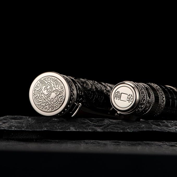 HONG DIAN D5 Qin Dynasty Fountain Pen Black Silver, Extra Fine Nib Piston Filling Pen, Retro Chinese Totem Engraving Smooth Writing Pen with Pen Box Set