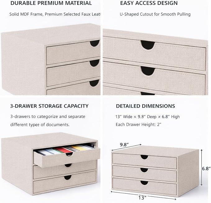 UnionBasic Document Organizer, 3-Drawer File Cabinet Document Storage Box, Office Desktop Filing Organizer, Beige