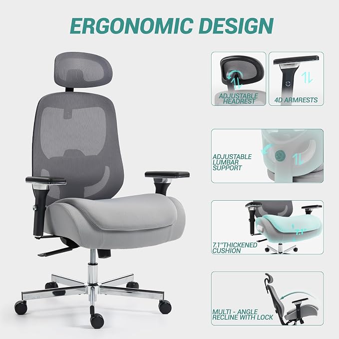 Big and Tall Office Chair 750lbs, Heavy Duty Ergonomic Mesh Desk Chair, 500+lbs Capacity, Extra Wide Seat, High Back Executive Computer Chair for Heavy People, Grey
