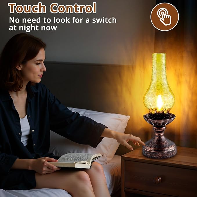 Vintage Table Lamp,Touch Control & 3-Way Dimmable Rustic Retro Farmhouse Bedside Lamp with Amber Glass Shade and LED Bulb for Bedroom, Living Room, Cabin, Office