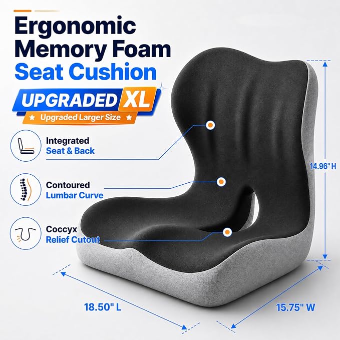 Ergonomic Memory Foam Seat Cushion with Back Support, Office Chair Cushion | L-Shaped Integrated Design with Lumbar Support and Tailbone Cutout for Office, Car, Home Chairs (Large Comfort - Black &Gray)