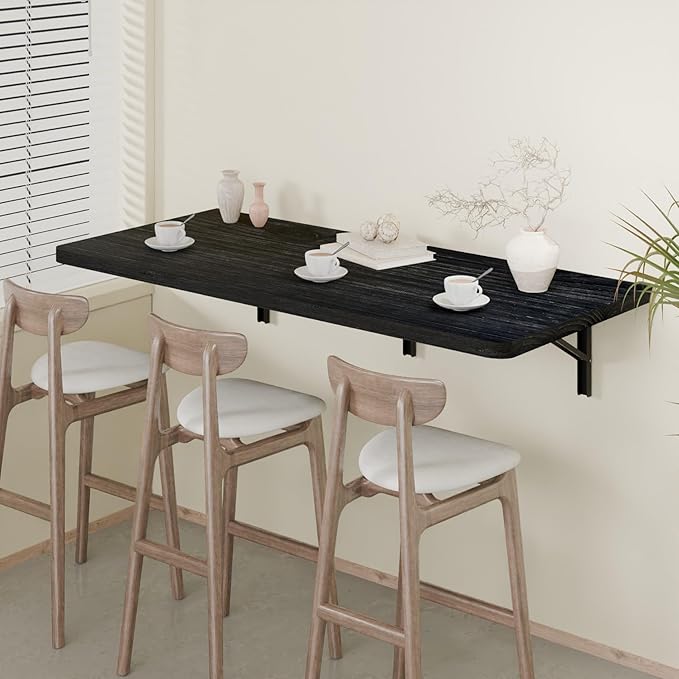 IAE Floating Wall Mounted Folding Table Desk with Pine Wood,48" x 22" Folding Workbench,Fold Down wall Mounted Foldable Desk with Shelf Brackets,Laundry Table for Home,Dining,Office,Kitchen,Black