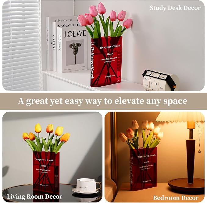 Puransen Red Book-Shaped Vase for Flowers - Aesthetic Room Decor for Modern Home/Office, Minimalist Shelf Organizer with Floral Display, for Book Lovers & Interior Design Enthusiasts