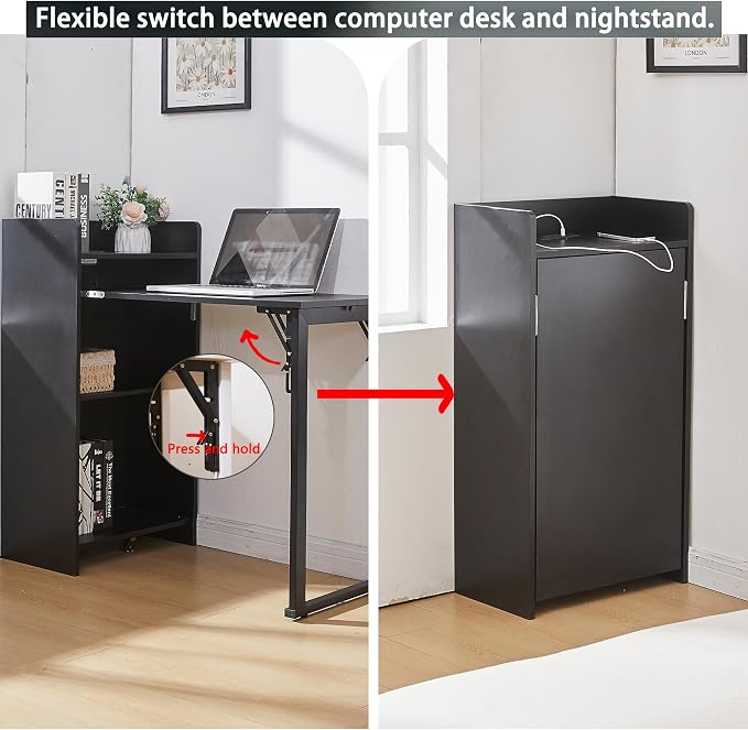 Fold Out Desk with Storage and Built-in Outlet, Mid Century Foldable Desk for Small Spaces, Hidden Folding Table for Home Office or Bedroom (Black)