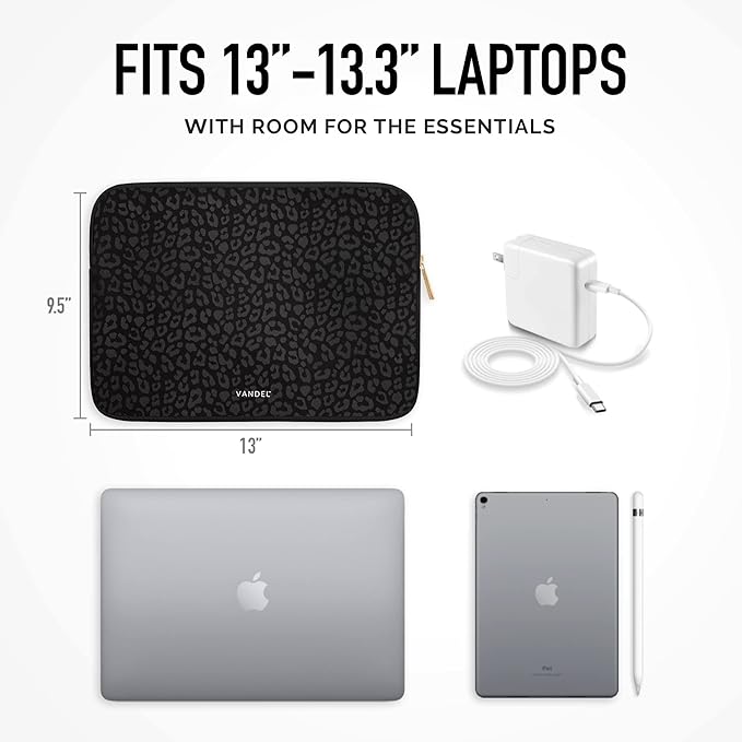 Vandel MacBook Air 13 inch Laptop Sleeve, Fits 13-13.3 inch Laptops: Neoprene MacBook Air & Pro Case, Chromebook, HP Soft Cover | Thin Computer Carrying Bag, Black Leopard Mac (M1 & M2) Pouch