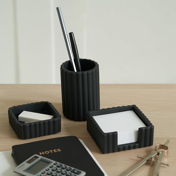Aesthetic Desk Organizer Set of 3 For Your Office - Sturdy Concrete Desktop Accessories For Women Enhance Any Office Decor - Set incl. Pen Holder, Paperclip Storage & Sticky Note Holder for Teacher
