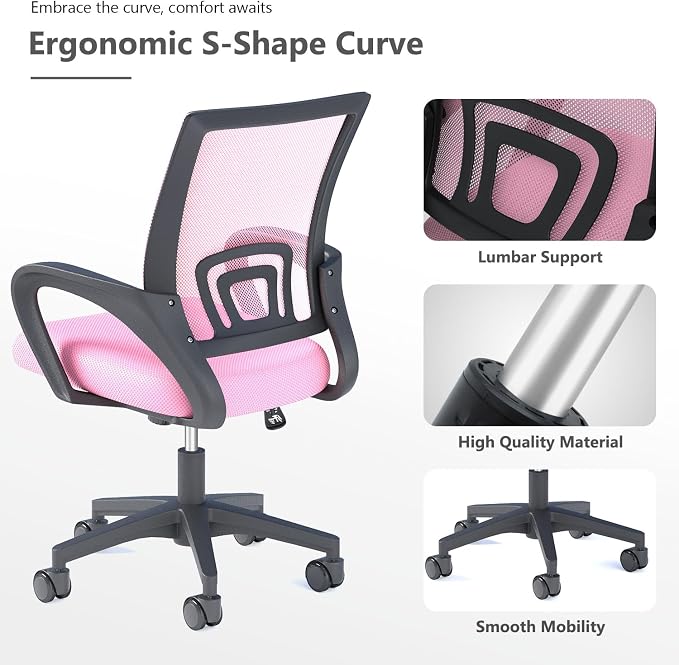 OS MOTOR Ergonomic Mid-Back Mesh Office Chair (Pink) | Lumbar Support, Adjustable Height, Swivel Rolling Design, Comfy Armrest, Home, Office, Work, Study, Gaming, Vanity