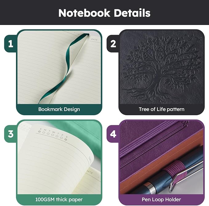 FOCUS DAY Lined Journal Notebook, A5 size (5.7'' X 8.4''), 320 Pages 100GSM Thick Paper, Leather Hardcover, for Women Men, Writing, Note Taking, Personal Diary, Travel Journal