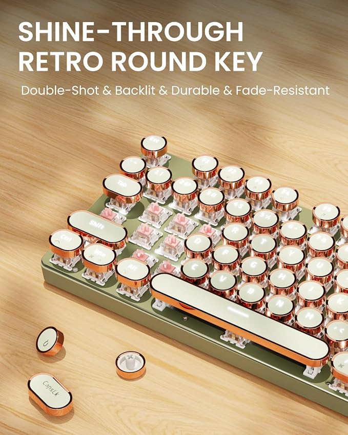 EWEADN Wired Typewriter Mechanical Keyboard, Low Noise Retro Punk Keyboard with Media Knob, White Backlit, Metal Panel, 104-Key Round Keycaps Gaming Keyboard for Windows PC, Pink Switch, Green
