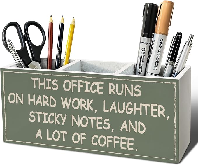 Funny Office Pen Pencil Holder for Desk | Office Humor and Coworker Gifts for Women Men, Green Wood Desk Organizer for Office Tabletop