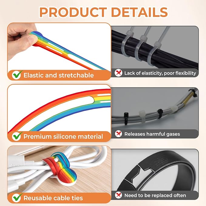 Kanemc Reusable Silicone Magnetic Cable Ties,8 PCS Magnetic Cord Organizer | Multi-Purpose Cord Ties for Cable Bundling, Organizing, Bookmarks & Fridge Magnets,Magnetic Twist Ties(Rainbow Color)
