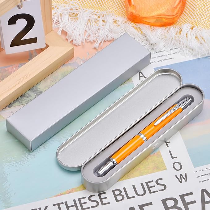 Jinhao 10 Press Fountain Pen with Box, Orange Retractable Medium Nib with Ink Converter Set (Silver Clip)