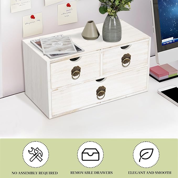 Wood Desk Organizer with Drawer, White Wooden Desktop Organizer, Tabletop Storage Organization Box for Countertop, Home Office Supplies (3 Drawer)