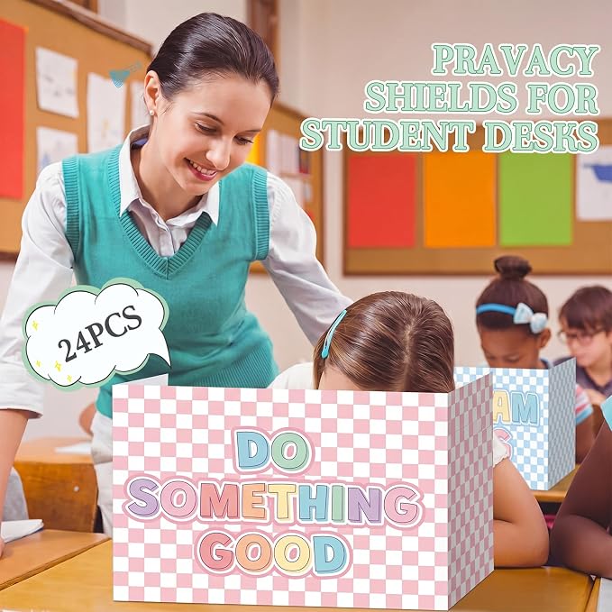 Honoson 24 Pcs Bulk Inspirational Privacy Folders for Students Cardboard Test Privacy Boards Motivational Words Desk Dividers Shield for Classroom School Study Supplies (Checkerboard)